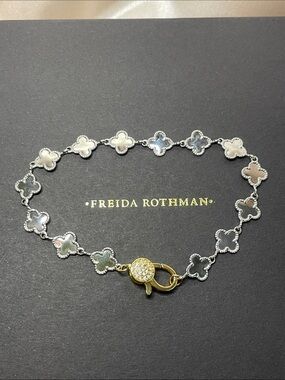 Freida Rothman Two-Tone Clover Bracelet w/ Pave Clasp Brass Base $99 MSRP